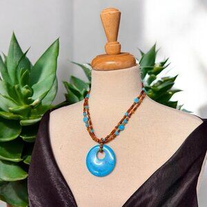 Vintage Howlite Wood Bead Necklace Boho Layered Pendant